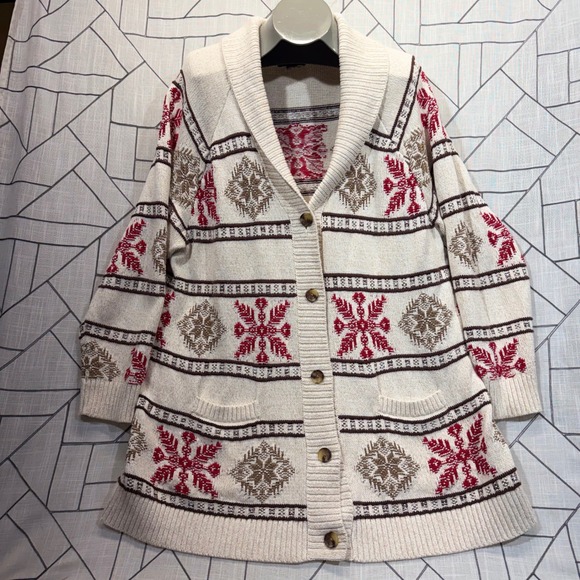 Lands' End Sweaters - Lands End Cardigan Sweater XL Cream Snowflake Fair Isle Drifter Shawl Collar
